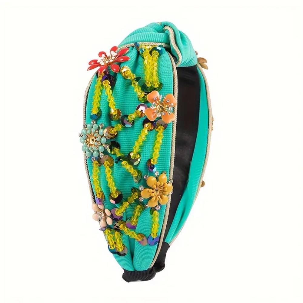 Green Floral Rhinestone Beaded Women's Headband